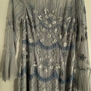 Adrianna Papell Gray and Blue Embroidered Maxi Dress